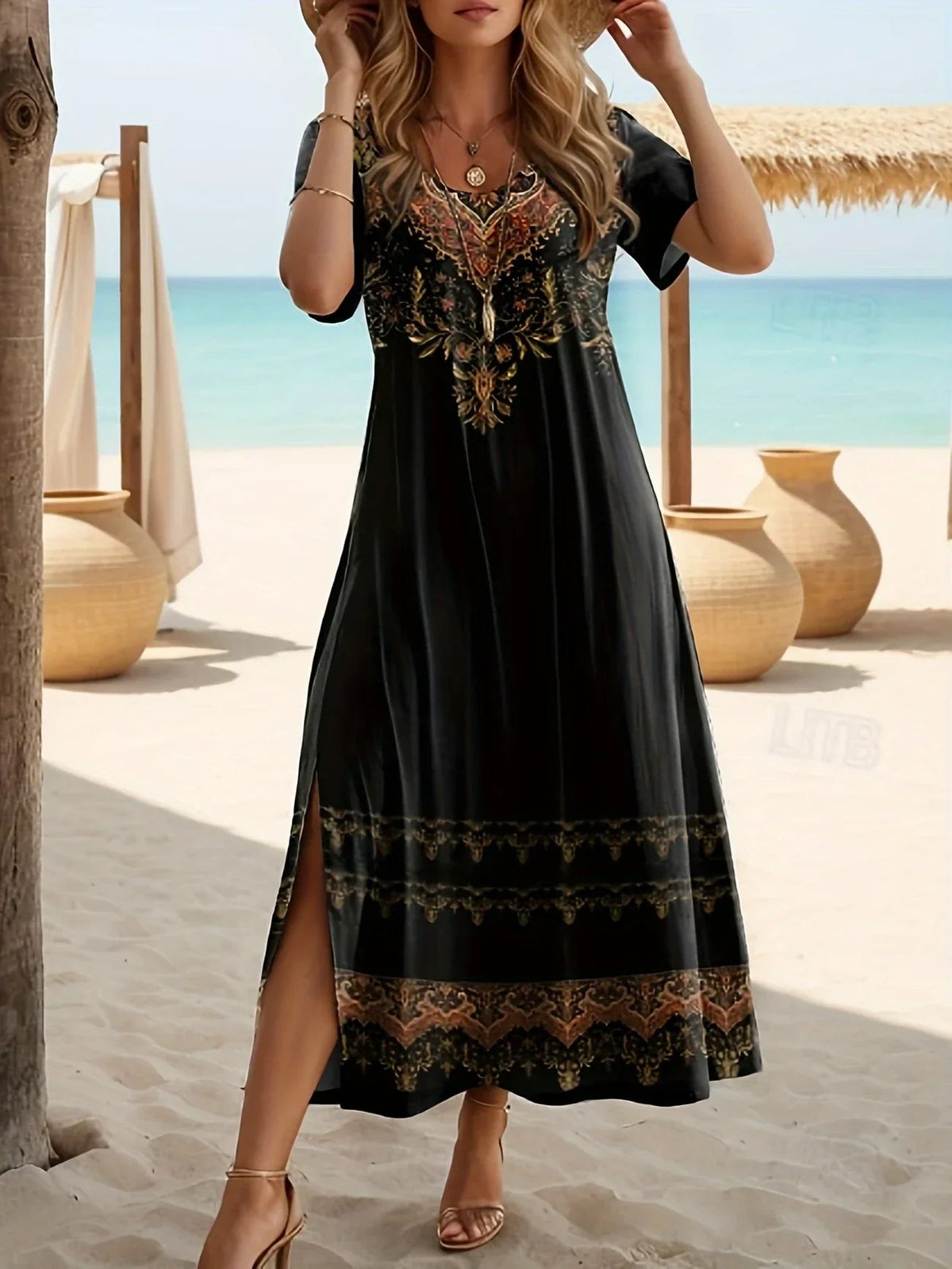 Vintage Floral Print Crew Neck Short Sleeve Side Slit A-Line Maxi Dress
