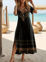 Vintage Floral Print Crew Neck Short Sleeve Side Slit A-Line Maxi Dress