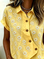 Floral Print Shawl Collar Short Sleeve Irregular Buckle Casual Blouse