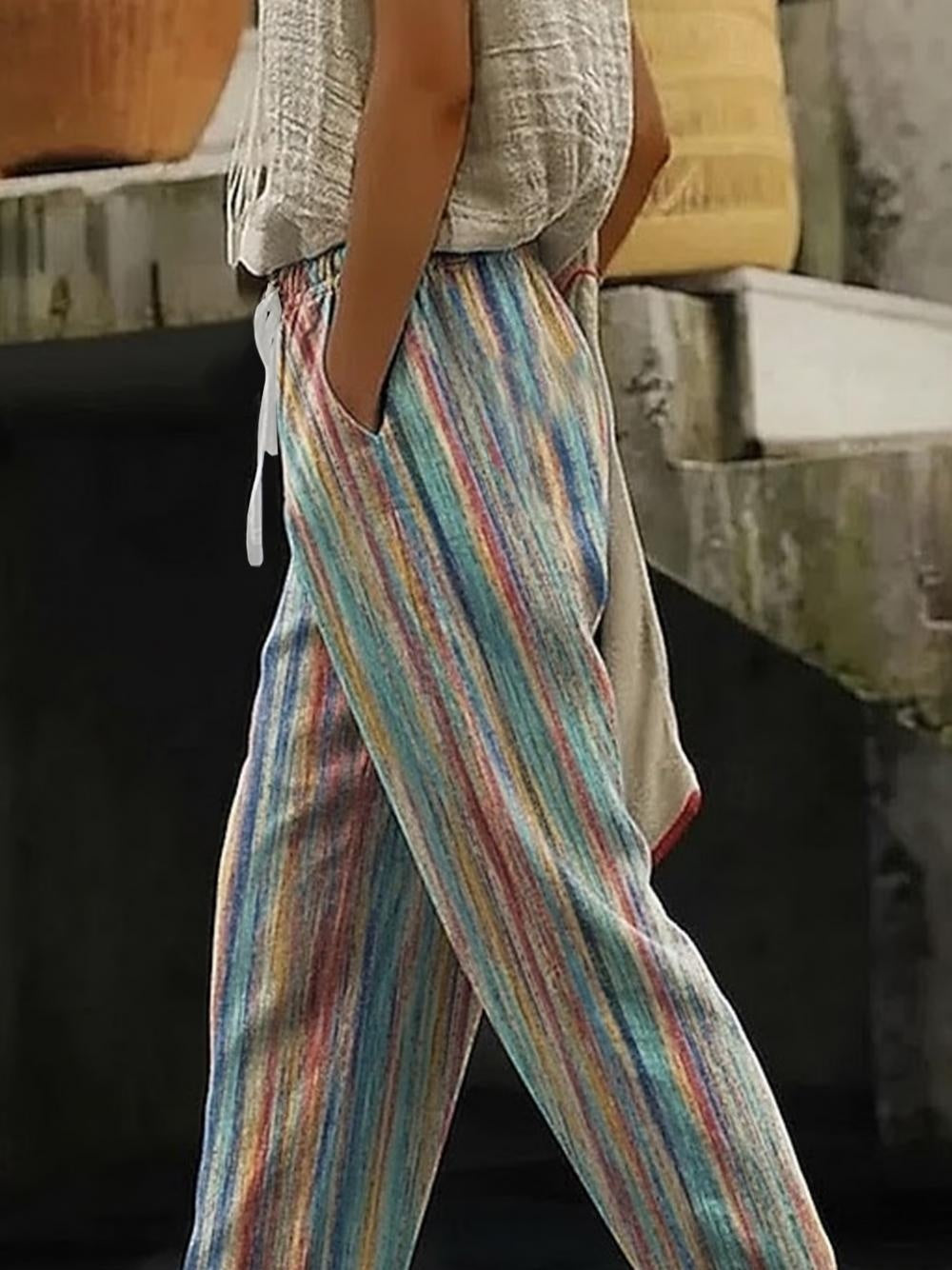 Abstract Strip Print Mid Waist Drawstring Straight Linen Blend Ankle Pants