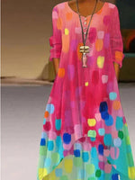 Gradient Color Block Print Crew Neck Long Sleeve Loose A-Line Maxi Chiffon Shirt Dress
