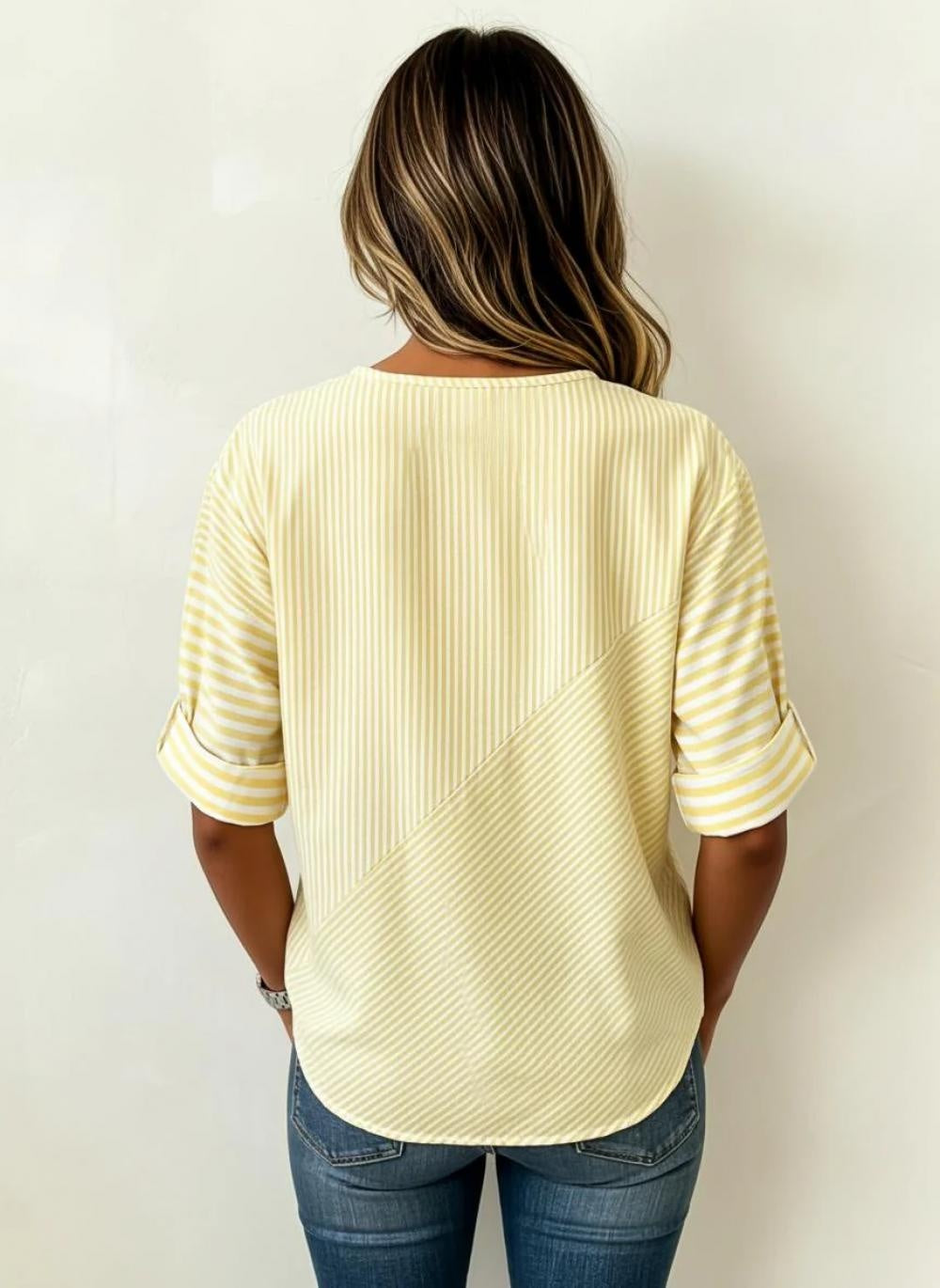 Vertical Stripe Stand Collar Three Quarter Sleeve Loose H-Line Cotton Linen Blend Casual Shirt