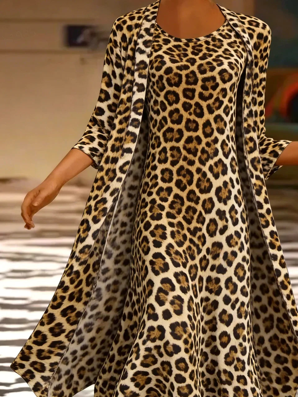 Leopard Print Crew Neck Three Quarter Sleeve Open Front Coat With Matching A-Line Maxi Dress 2 Piece Set