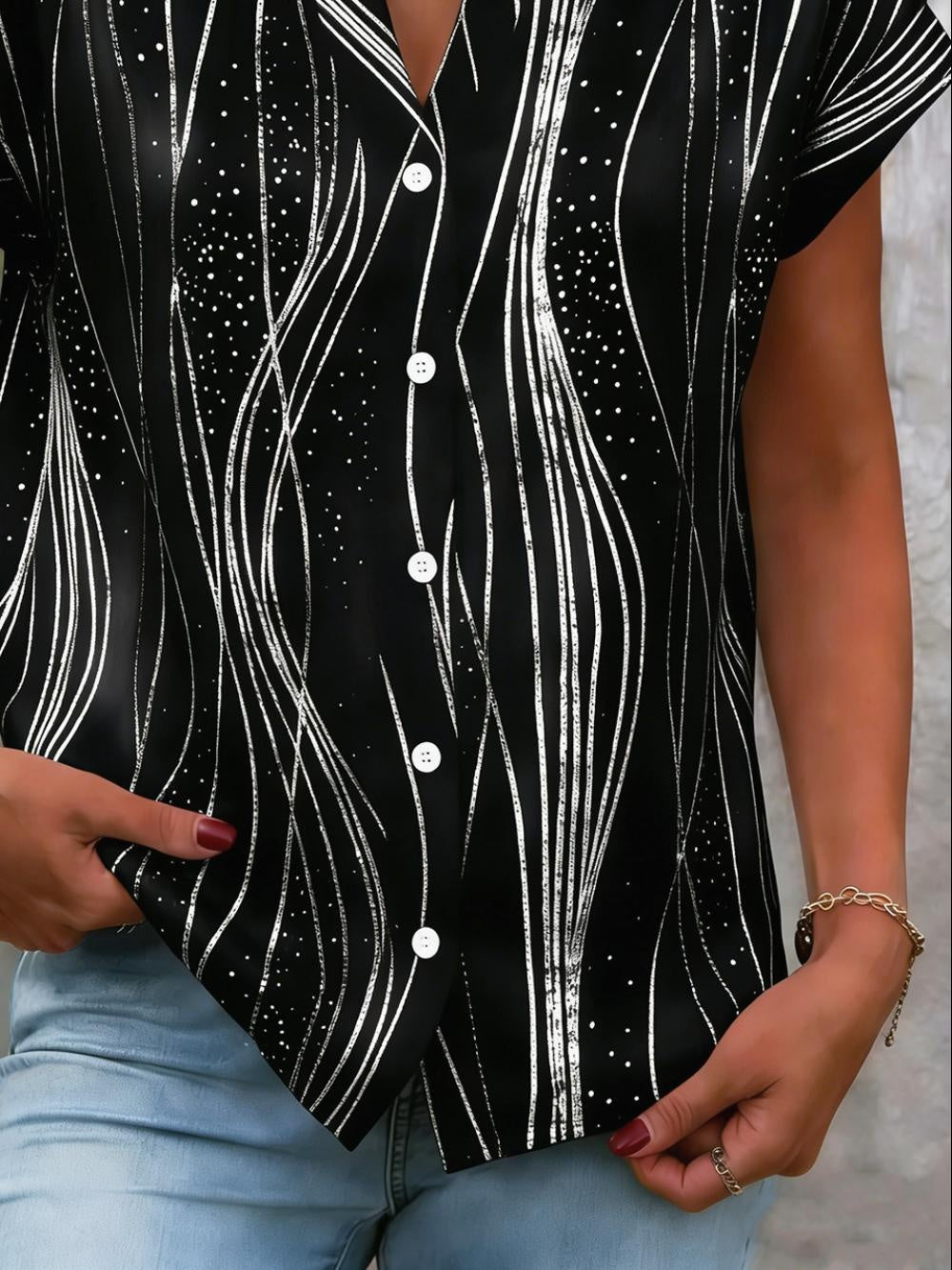 Wave Geometric Strip Split Collar Short Sleeve Loose H-Line Polyester Spandex Elegant Blouse