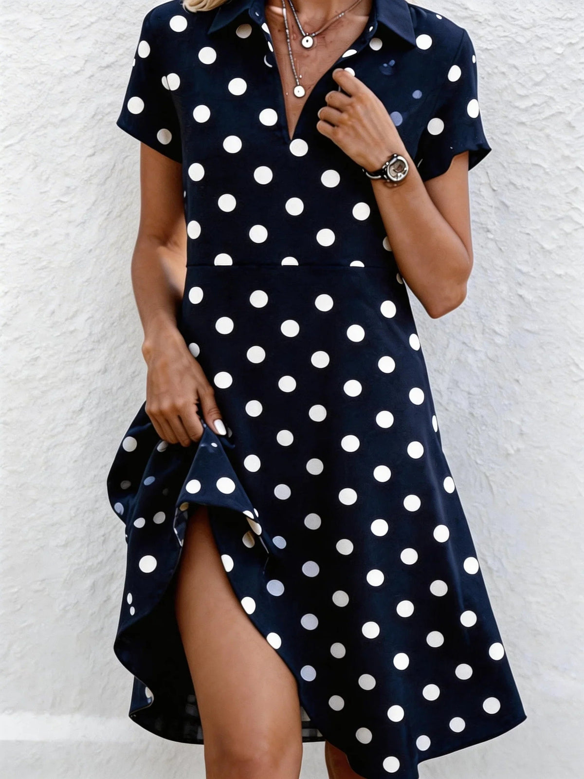 Polka Dot Shirt Collar Short Sleeve Mid Waist Loose A-Line Polyester Midi Shirt Dress