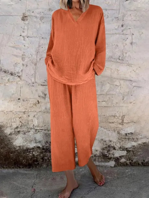 Orange Textured V-Neck Long Sleeve Top & Wide Leg Cropped Pants Two Piece Matching Linen Set For Women