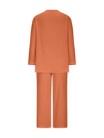 Orange Textured V-Neck Long Sleeve Top & Wide Leg Cropped Pants Two Piece Matching Linen Set For Women