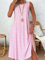 Pink Diagonal Stripe Patchwork Crew Neck Sleeveless Side Slit Loose Cotton Midi Dress For Women