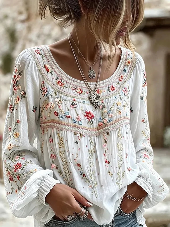 White Boho Floral Embroidered Wide Crew Neck Long Sleeve Micro-Elastic Regular Fit Women Blouse