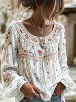 White Boho Floral Embroidered Wide Crew Neck Long Sleeve Micro-Elastic Regular Fit Women Blouse