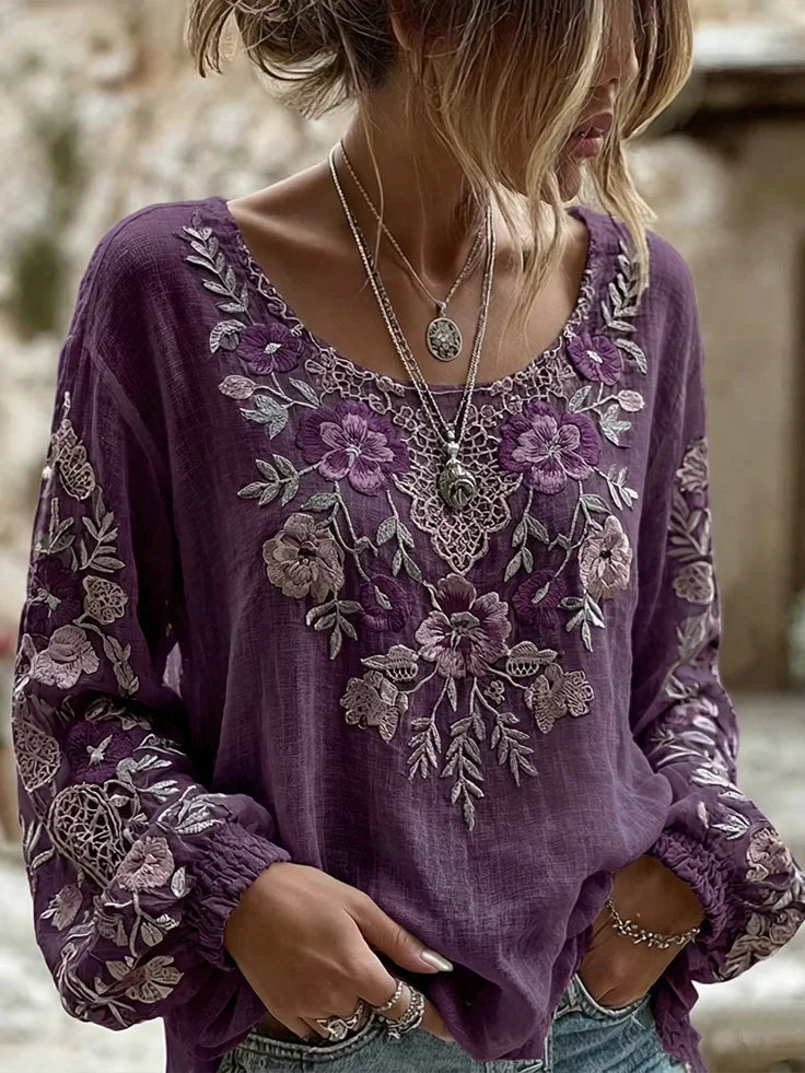 Purple Floral Embroidered Crew Neck Elastic Long Sleeve Micro-Elastic Regular Fit Women Blouse