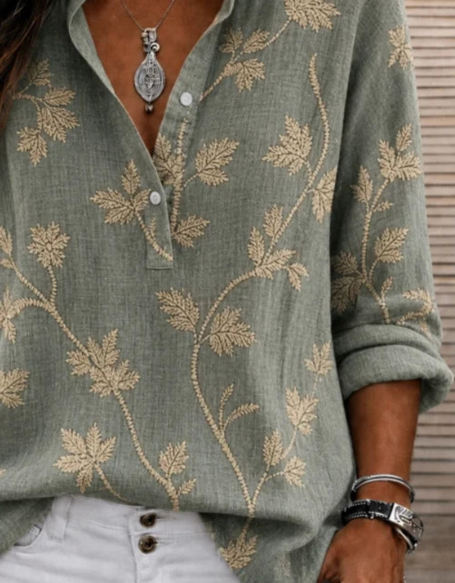 Green Leaf Embroidered Shawl Collar Long Sleeve Women Shirt