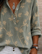 Green Leaf Embroidered Shawl Collar Long Sleeve Women Shirt