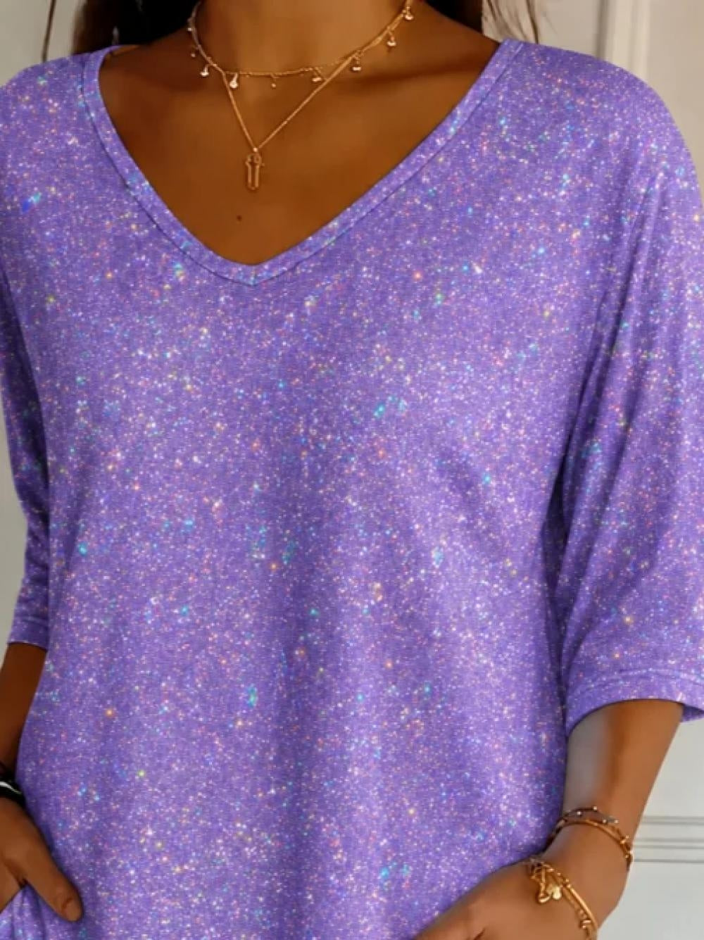 Purple Sparkly V-Neck 3/4 Sleeve T-Shirt