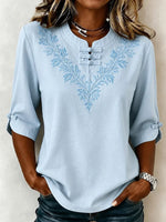 Sky Blue Mandarin Collar Floral Embroidered Half Sleeve Blouse