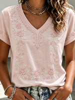 Casual Floral V Neck Short Sleeve T-shirt