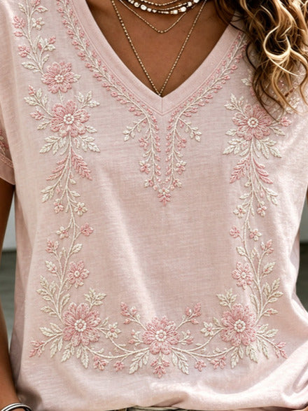 Casual Floral V Neck Short Sleeve T-shirt