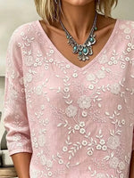 Boho Hollow Floral Embroidery V Neck Three Quarter Sleeve Loose Casual Blouse
