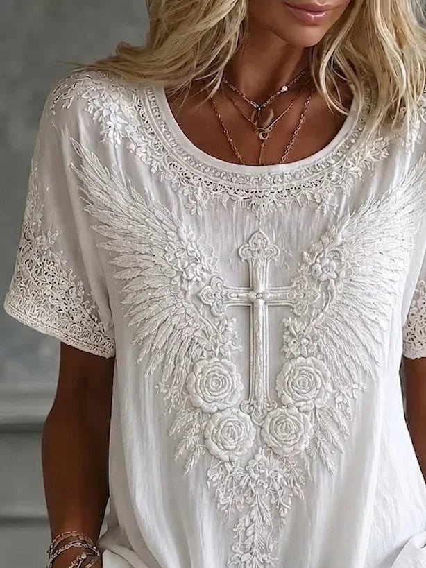 Retro Boho 3D Floral Wing Cross Crew Neck Loose Short Sleeve Casual Top