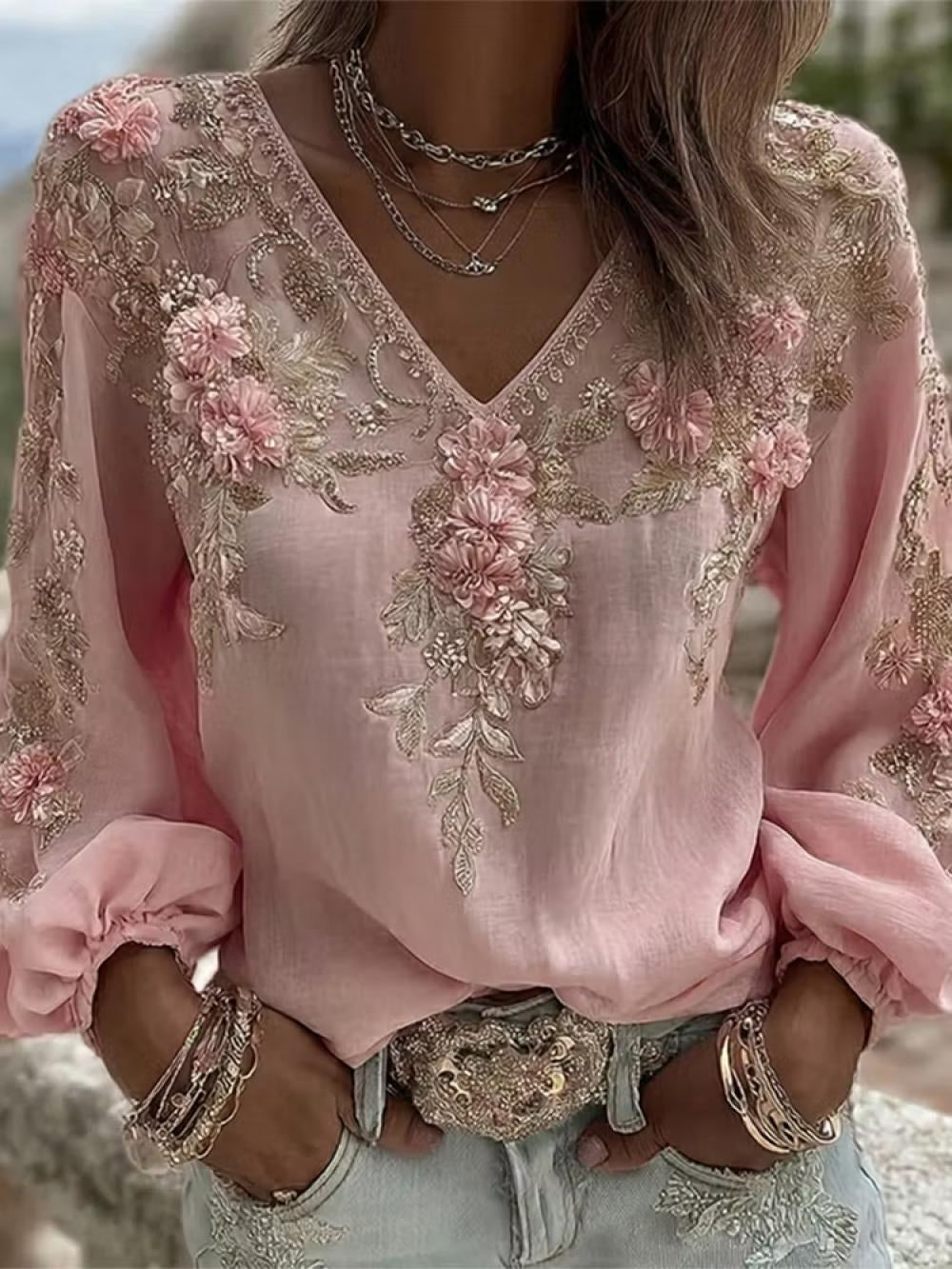 Pink 3D Floral Embroidery V-Neck Lightweight Long Sleeve Loose Elegant Blouse