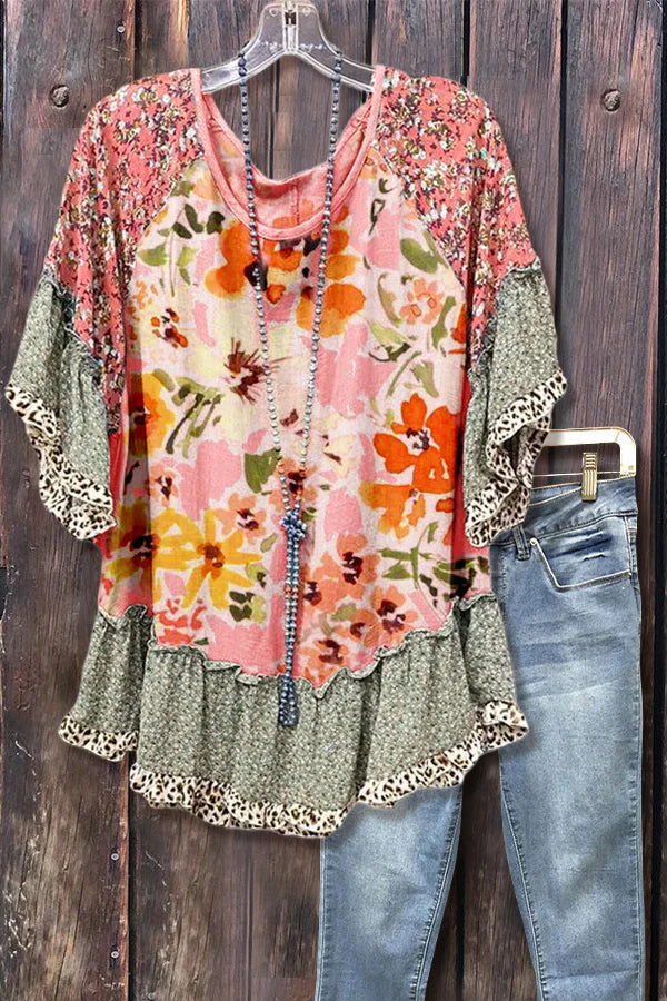 Boho Mixed Floral Leopard Patchwork Half Sleeve Ruffle Hem Casual Women Top