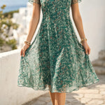 Women Sage Green Floral Chiffon Midi Dress, Flutter Sleeve Fit And Flare Summer Casual Dress
