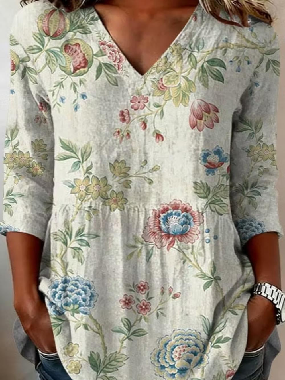 Vintage Floral V-Neck Three-Quarter Sleeve Peplum Tunic Top