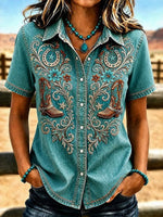 Denim Blue Western Cowboy Embroidery Lapel Short Sleeve Button Down Shirt