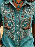 Denim Blue Western Cowboy Embroidery Lapel Short Sleeve Button Down Shirt