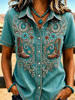 Denim Blue Western Cowboy Embroidery Lapel Short Sleeve Button Down Shirt