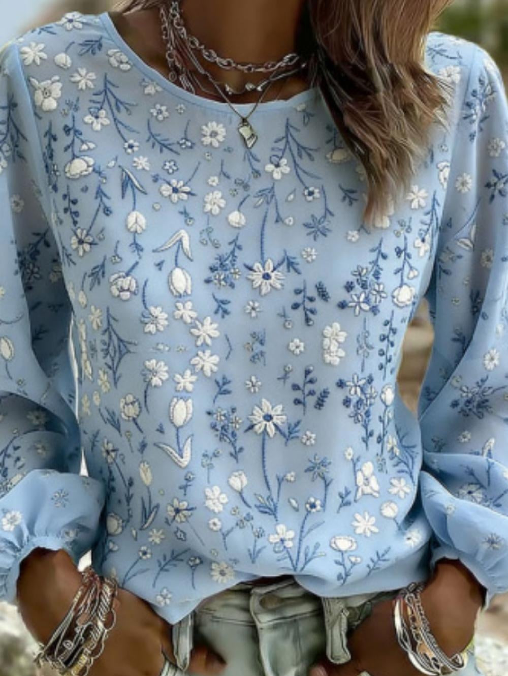 Light Blue Ditsy Floral Crew Neck Puff Long Sleeve Loose Blouse