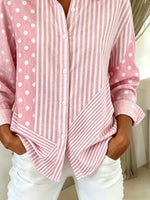 Pink Mixed Polka Dot & Vertical Stripe Patchwork Lapel Long Sleeve Button Down Shirt