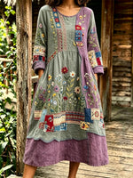 Vintage Patchwork Floral Embroidery Crew Neck Long Sleeve Linen H-Line Midi Dress