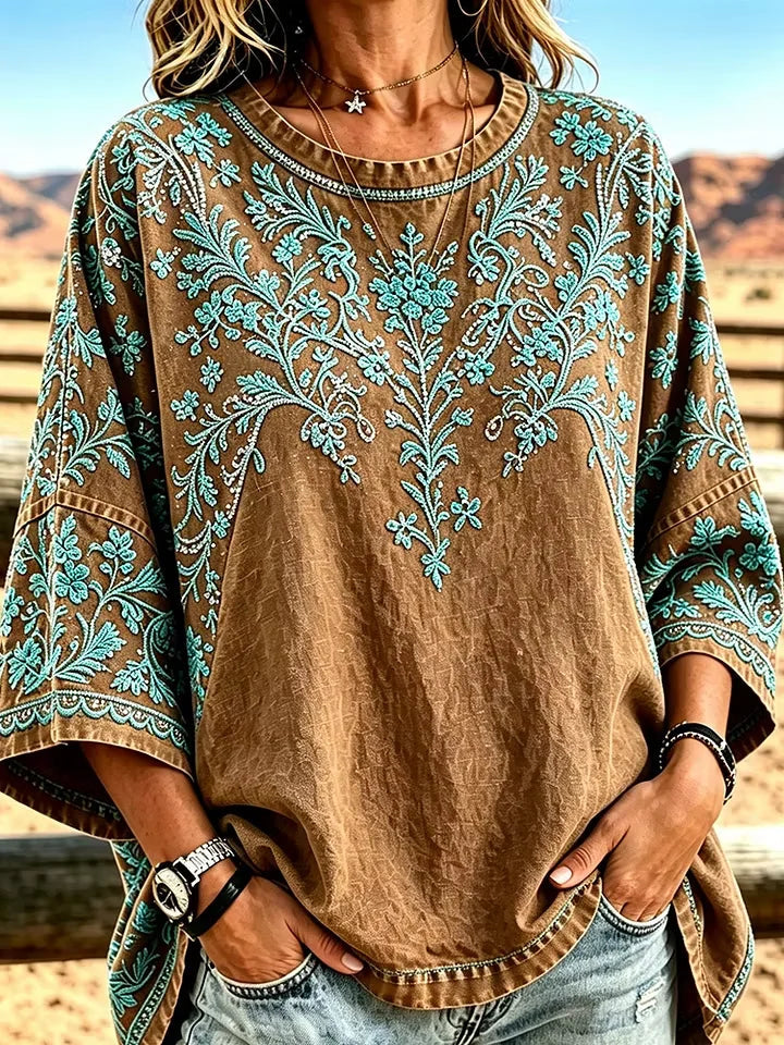 Vintage Brown Turquoise Floral Embroidery Crew Neck Loose Half Sleeve Western T-Shirt