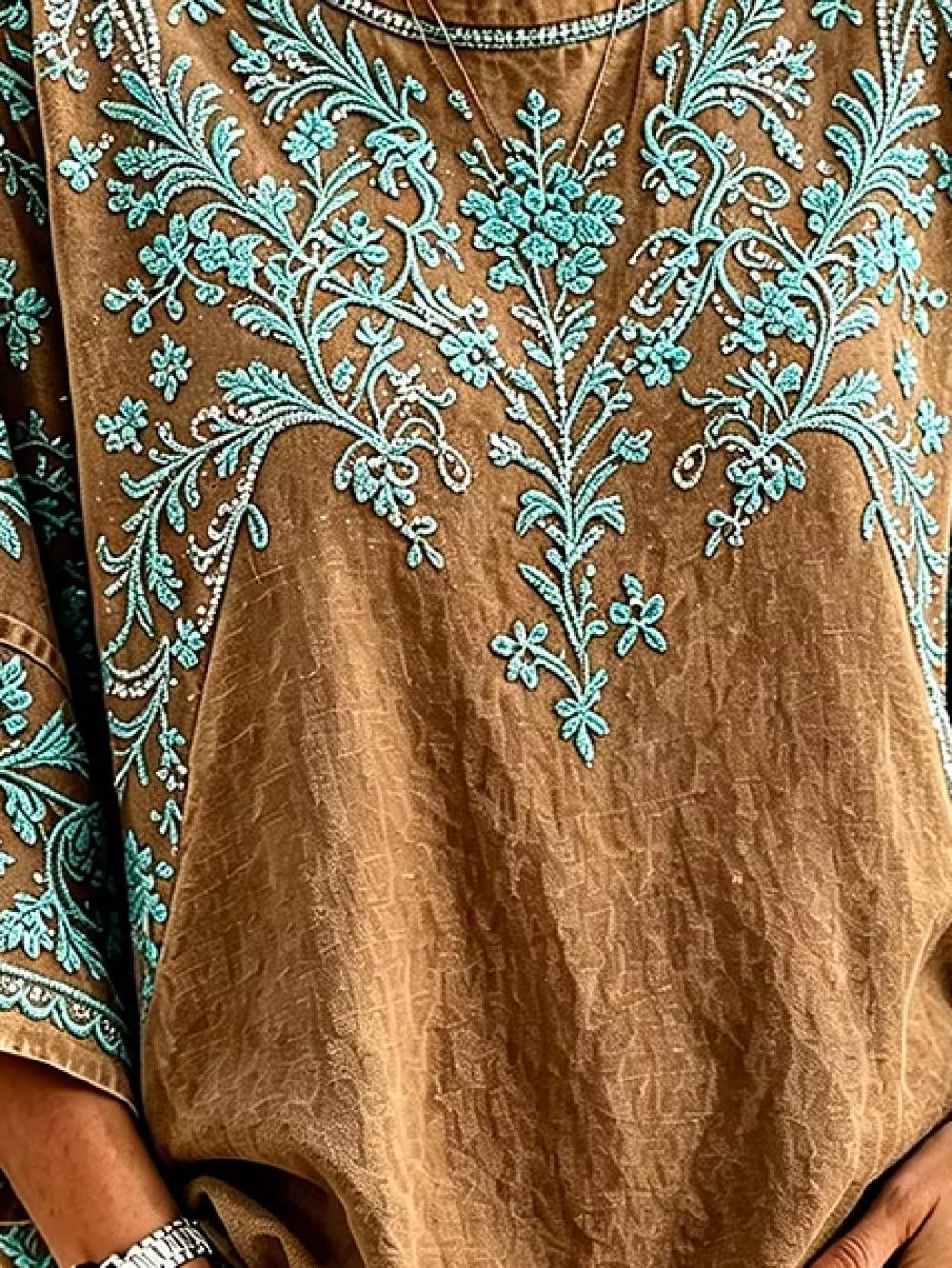 Vintage Brown Turquoise Floral Embroidery Crew Neck Loose Half Sleeve Western T-Shirt