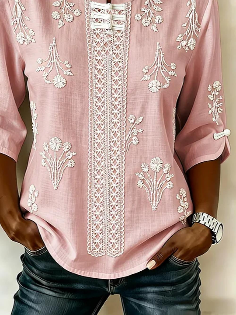 Pink Mandarin Frog Button Floral Embroidery Lace Panel Half Sleeve Blouse