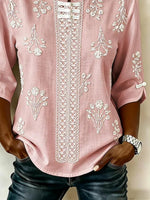 Pink Mandarin Frog Button Floral Embroidery Lace Panel Half Sleeve Blouse