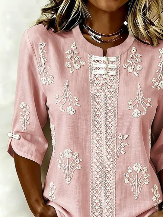 Pink Mandarin Frog Button Floral Embroidery Lace Panel Half Sleeve Blouse