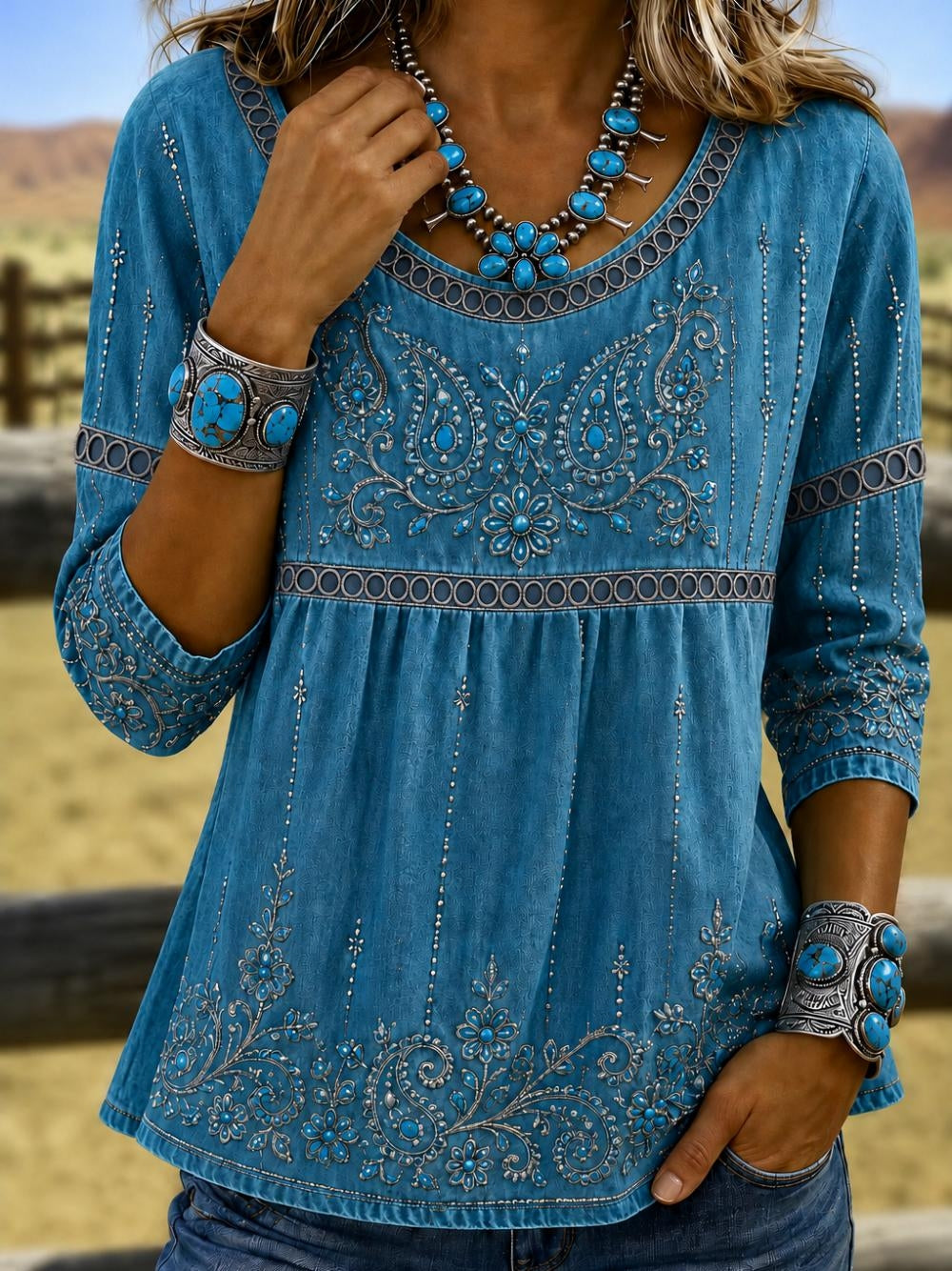 Blue Denim-Look Paisley Turquoise Floral Embroidery Scoop Neck Peplum Three-Quarter Sleeve Loose Blouse