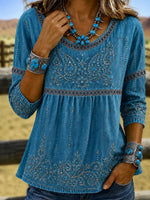 Blue Denim-Look Paisley Turquoise Floral Embroidery Scoop Neck Peplum Three-Quarter Sleeve Loose Blouse