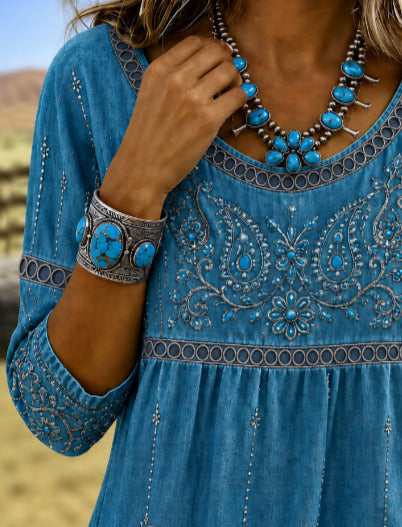Blue Denim-Look Paisley Turquoise Floral Embroidery Scoop Neck Peplum Three-Quarter Sleeve Loose Blouse