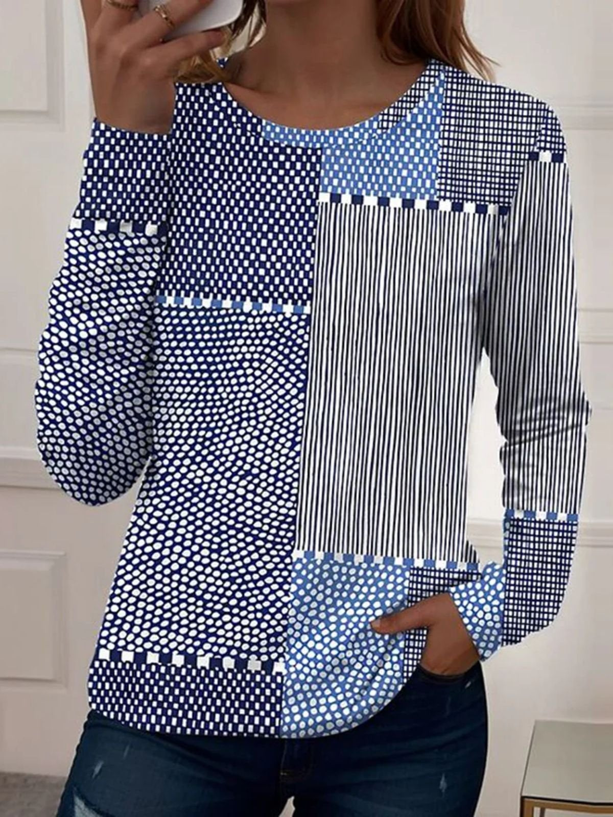 Women Geometric Patchwork Print Crew Neck Long Sleeve Casual T-shirt