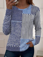 Women Geometric Patchwork Print Crew Neck Long Sleeve Casual T-shirt