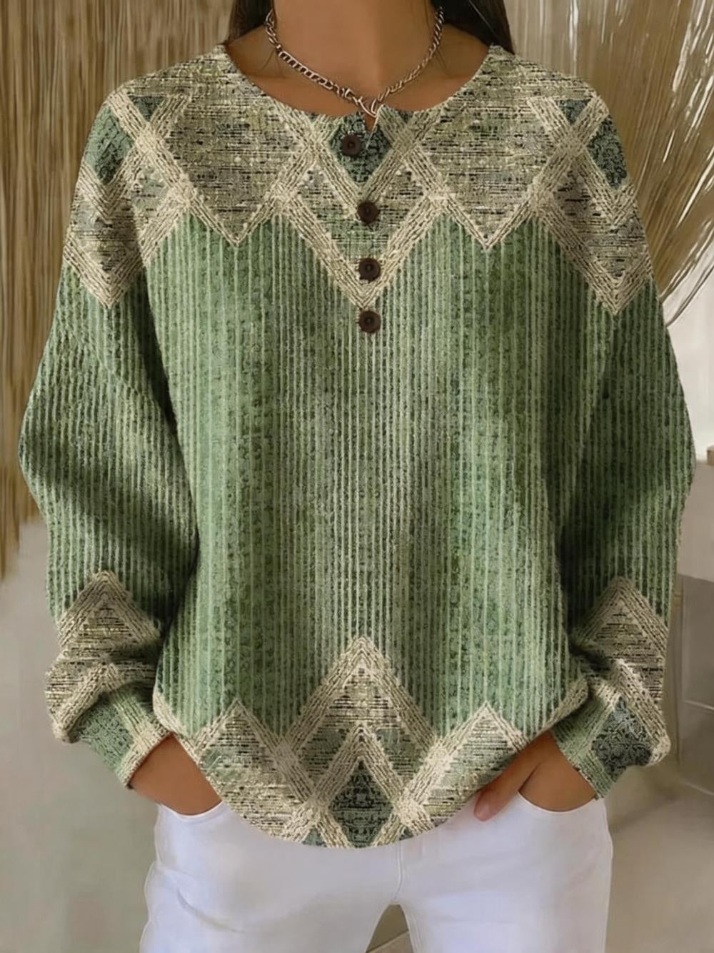 Chevron Geometric Print Henley Long Sleeve Knit Top