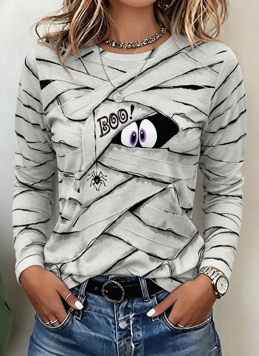 Halloween Mummy Boo Spider Print Casual Crew Neck Long Sleeve Slim Fit