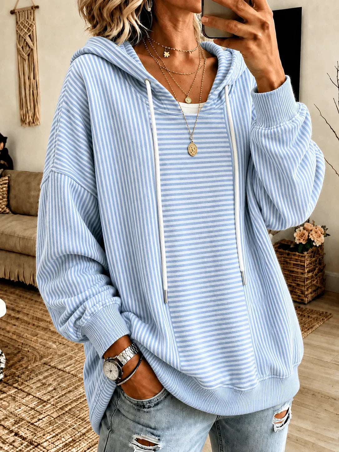 Stripe Blue Loose Fit Striped Pullover Casual Hoodie