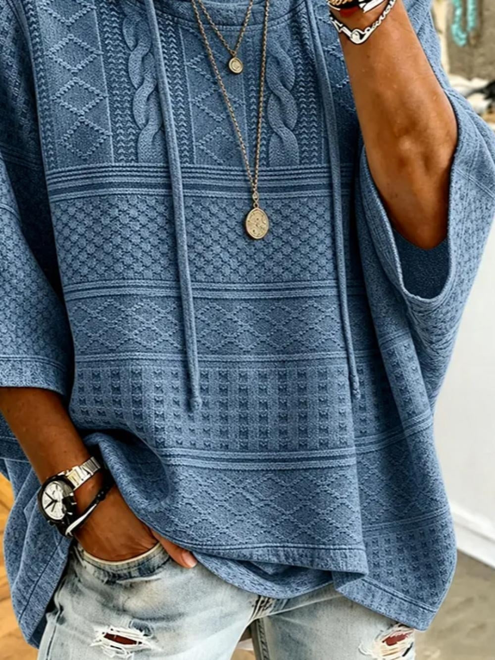 Blue Jacquard Cable Knit Half Sleeve Oversized Drawstring Hooded Top