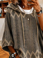 Brown Chevron Abstract Textured Half Sleeve Loose Drawstring Hooded Top