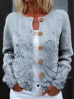 Title Vintage Floral Hollow Knit Long Sleeve Button Front Cardigan