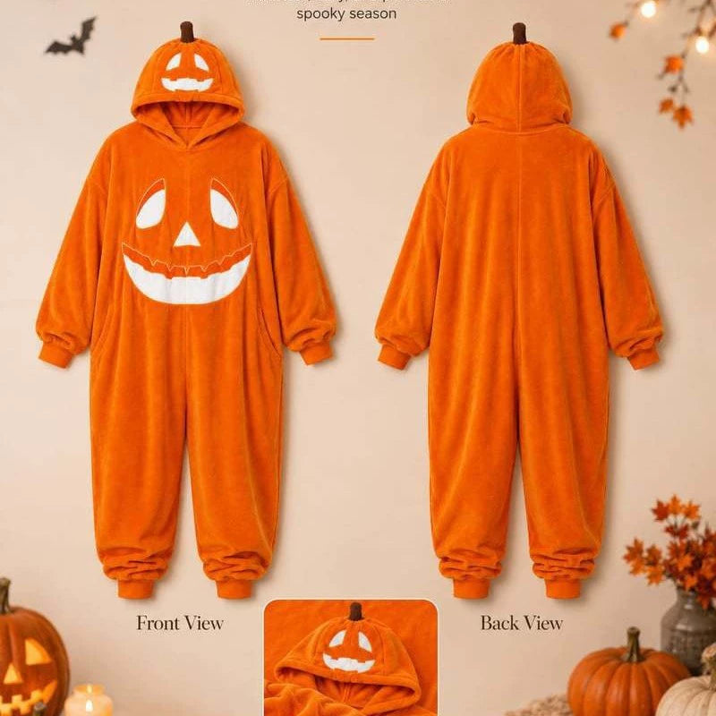 Ghost Pumpkin Hooded Onesie – Plush Halloween Jumpsuit